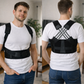 Person wearing a black posture corrector in a home setting