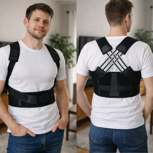 Person wearing a black posture corrector in a home setting